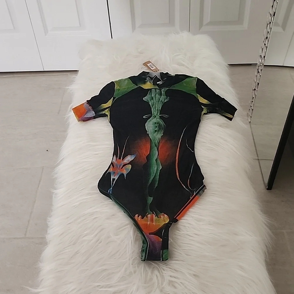 🩱💚🪭✨️SKIMS Summer Mesh Sheer Graphic Floral High-Cut Bodysuit XS BNWT🏷 - Picture 4 of 12